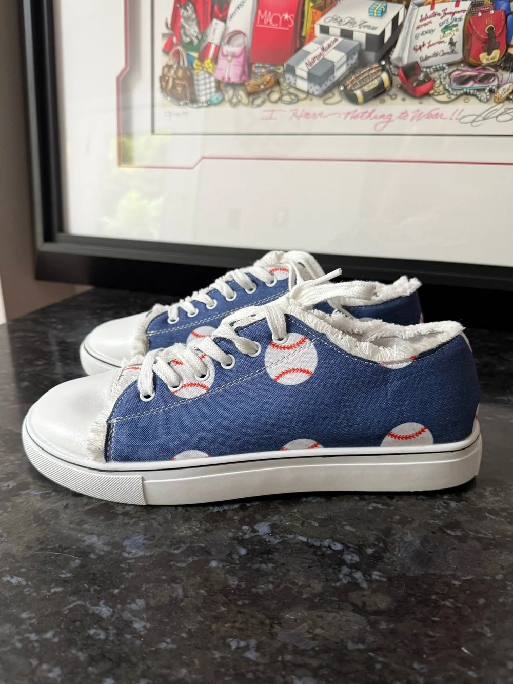 Women’s Canvas Denim Baseball Print Lace Up Sneakers Size 9.5 Blue White NWOT